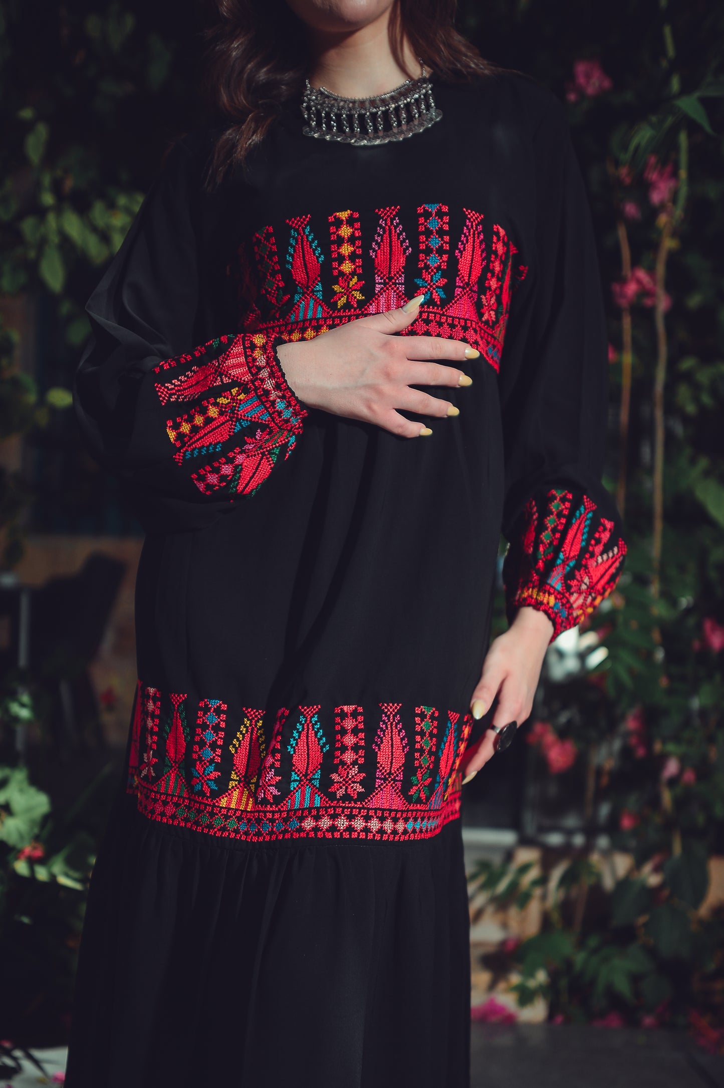 Black Dress with Traditional Hand Embroidery & Bold Back-Tie Belt