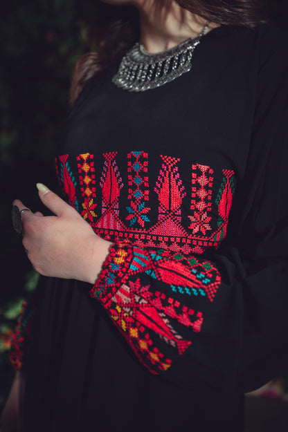 Black Dress with Traditional Hand Embroidery & Bold Back-Tie Belt