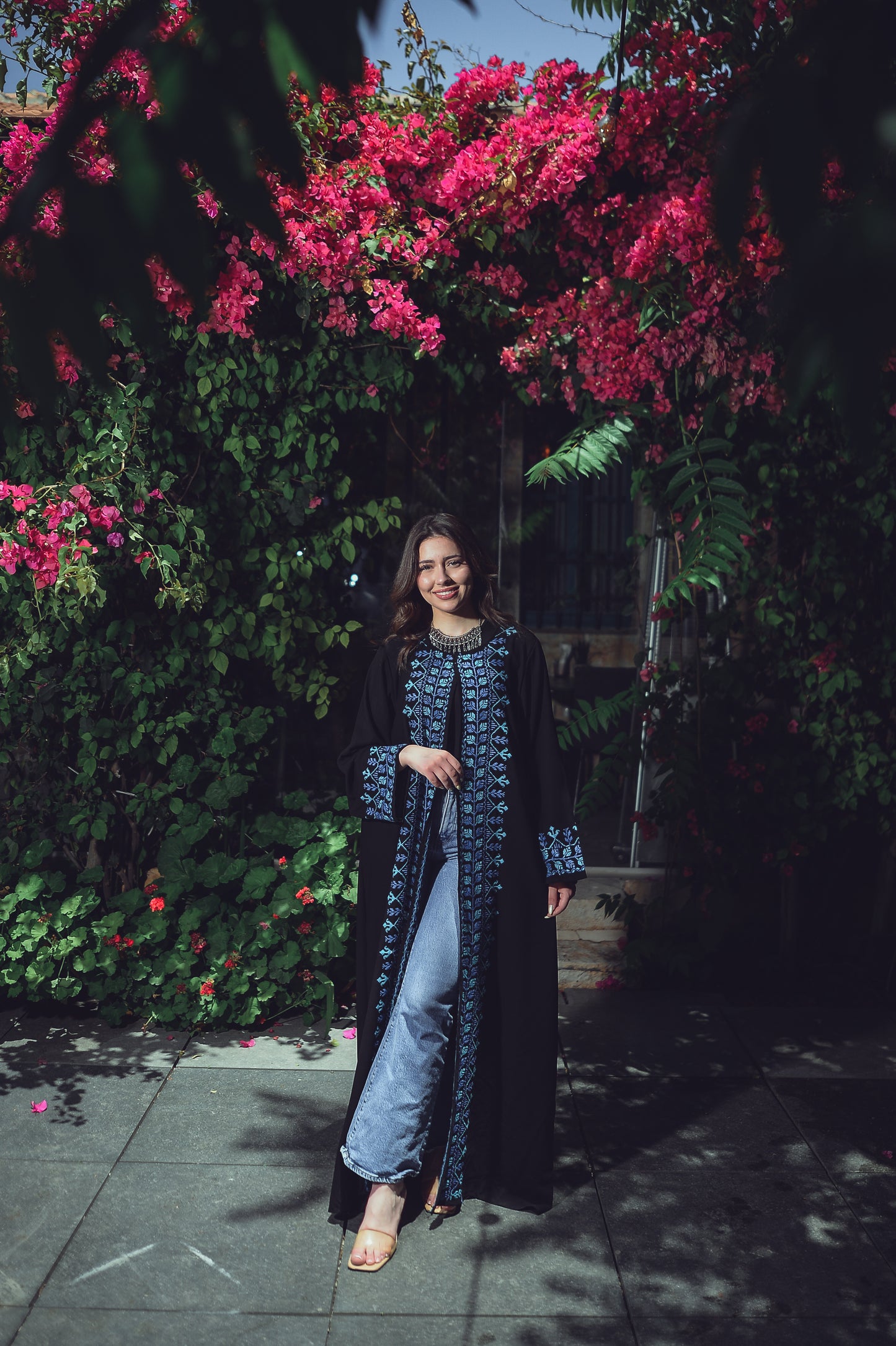 Black Crepe Abaya – Hand-Made Blue Embroidered Accents