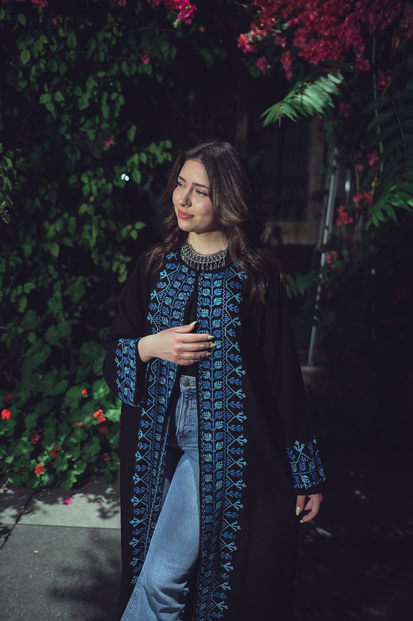 Black Crepe Abaya – Hand-Made Blue Embroidered Accents