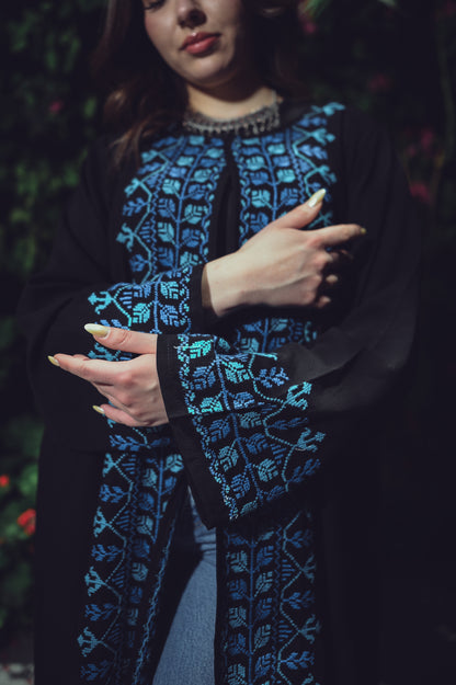 Black Crepe Abaya – Hand-Made Blue Embroidered Accents