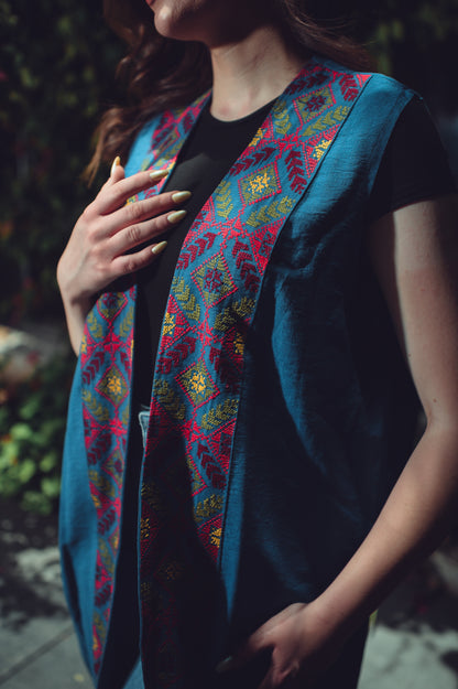 Long Vest with Colorful Front Embroidery