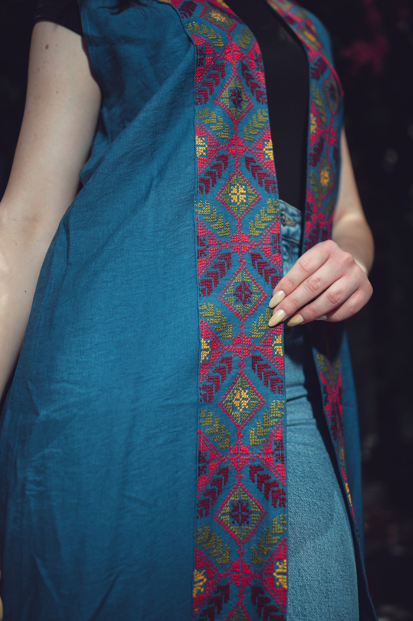 Long Vest with Colorful Front Embroidery