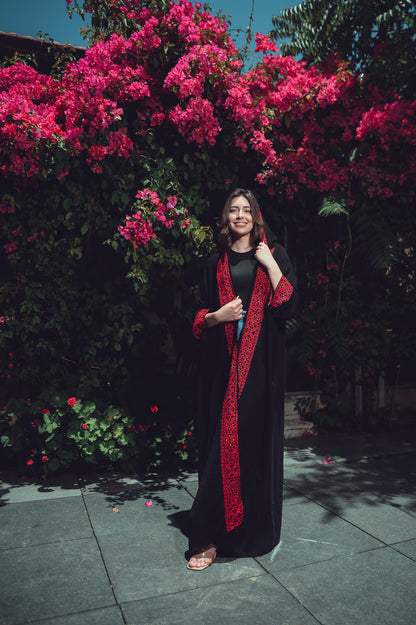 Black Crepe Abaya with Red Hand Embroidery &Attached Cap