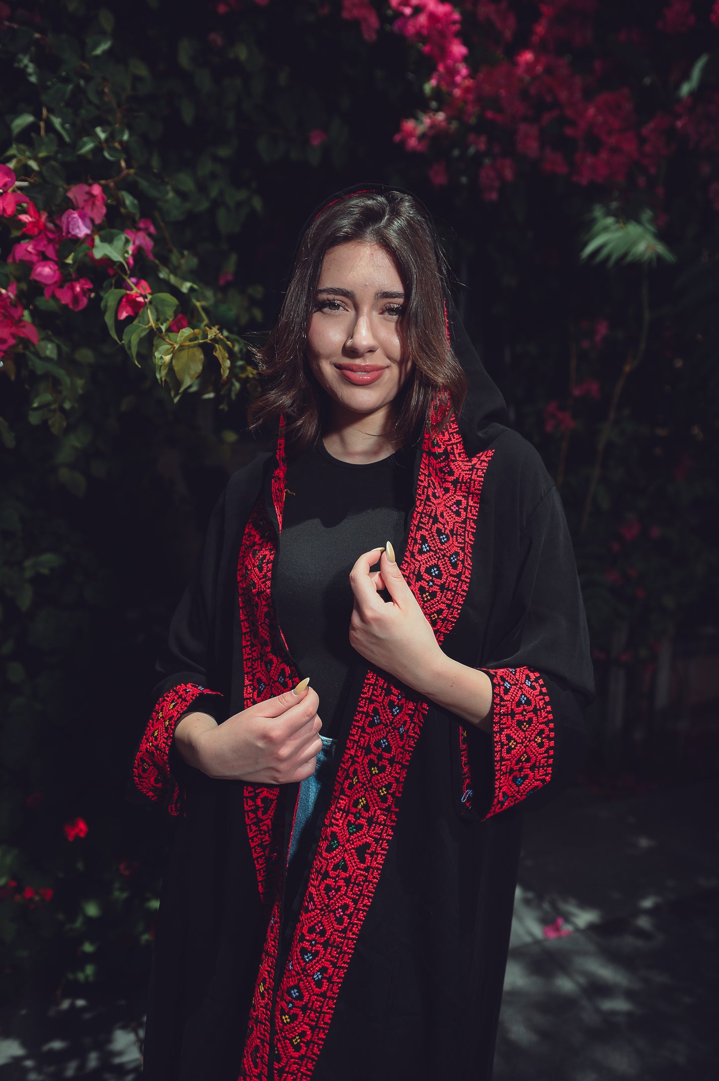 Black Crepe Abaya with Red Hand Embroidery &Attached Cap