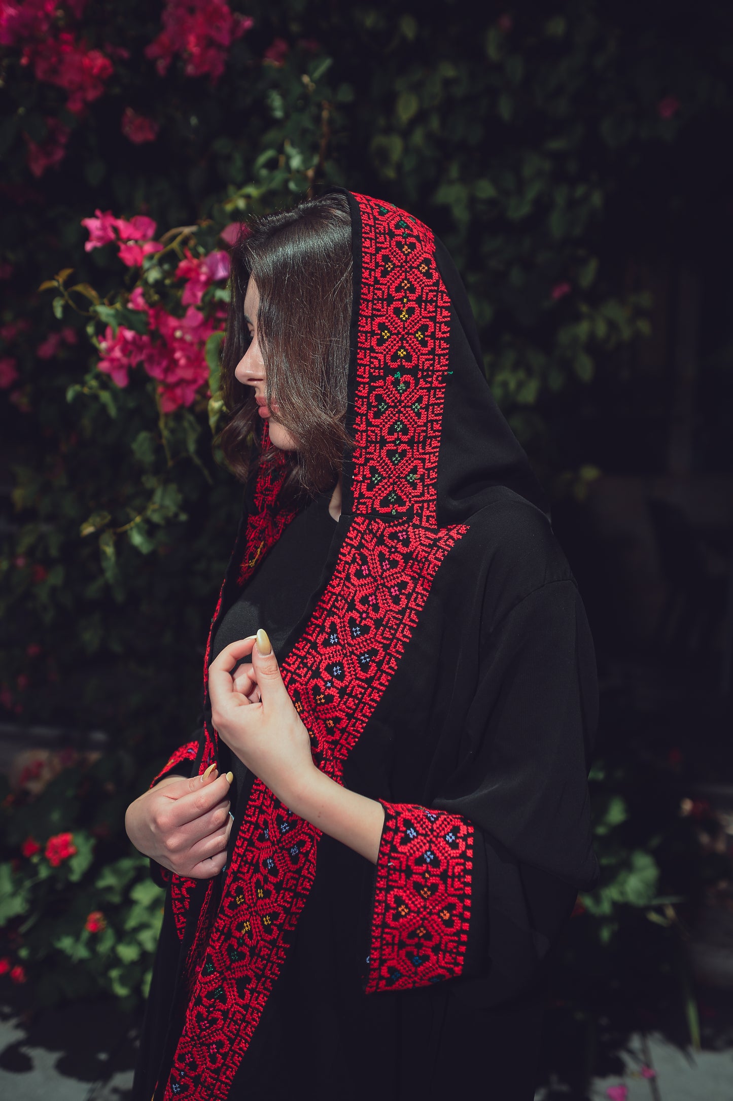 Black Crepe Abaya with Red Hand Embroidery &Attached Cap