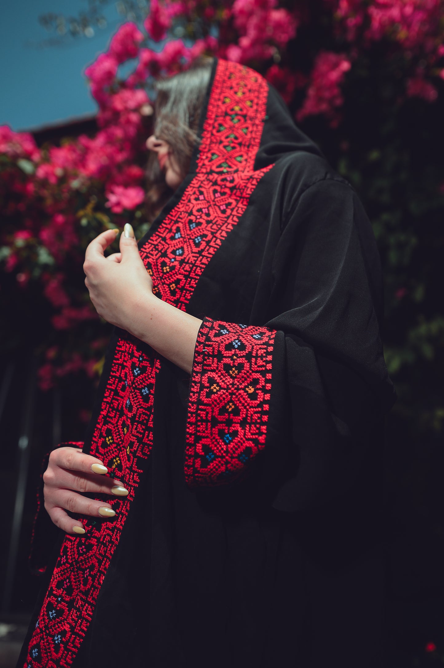 Black Crepe Abaya with Red Hand Embroidery &Attached Cap