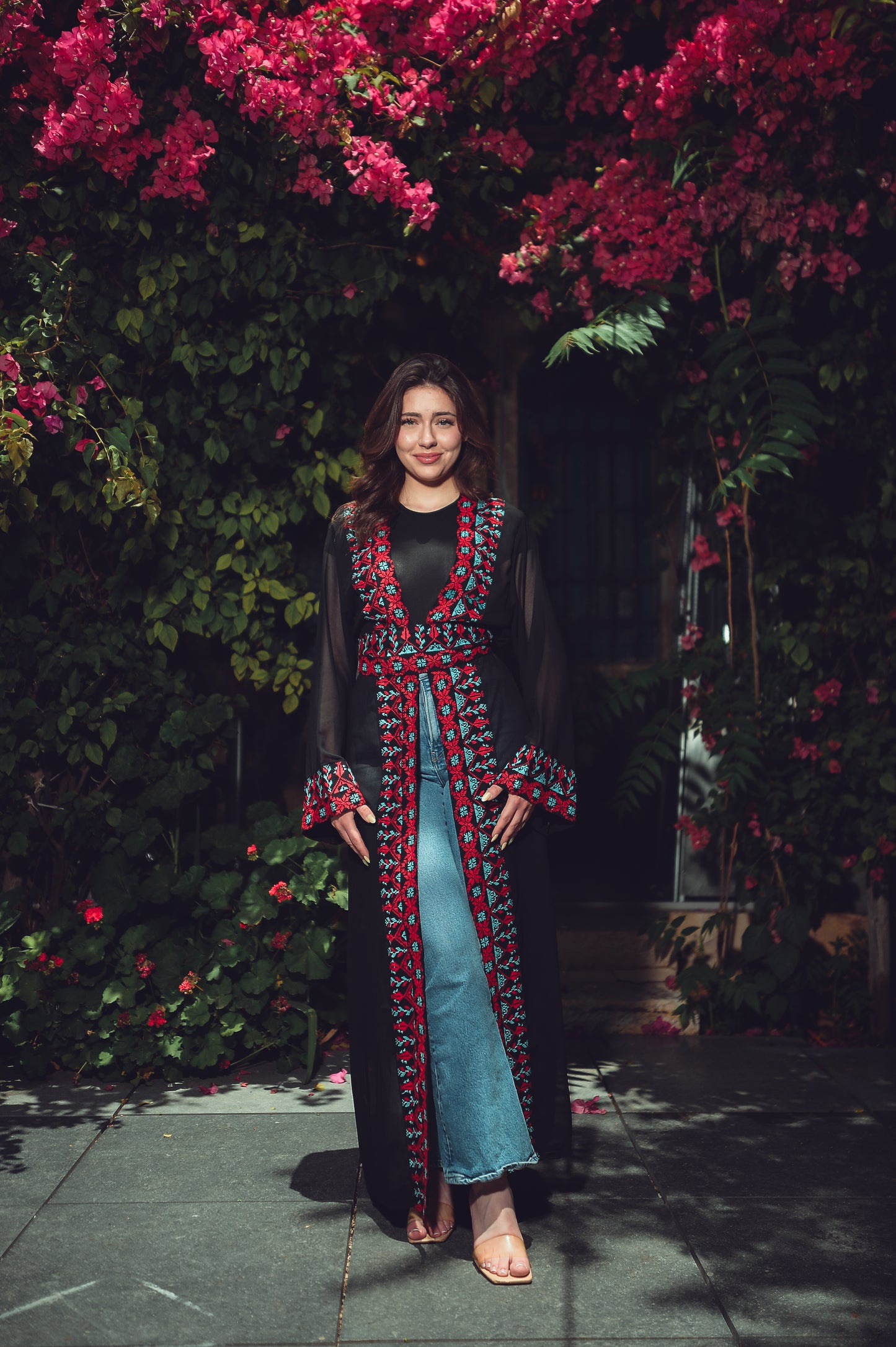 Black Sheer Chiffon Abaya – Hand-Made Red & Blue Embroidery with Waist Belt