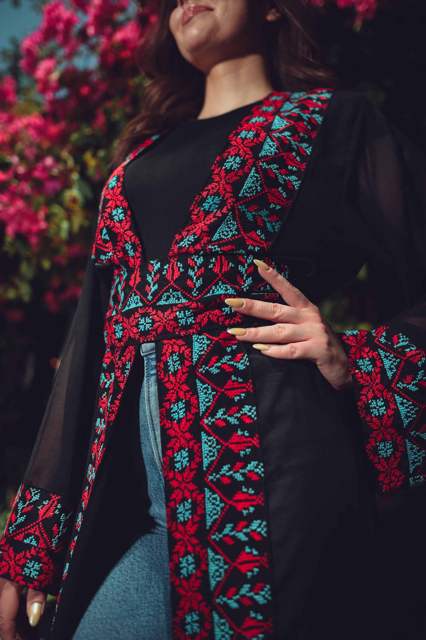 Black Sheer Chiffon Abaya – Hand-Made Red & Blue Embroidery with Waist Belt