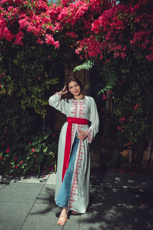 White Abaya with Red Embroidery Silk Belt