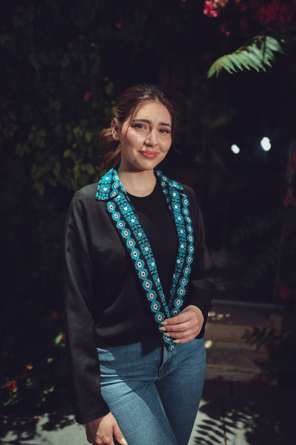 Cropped Blazer with Embroidered Collar