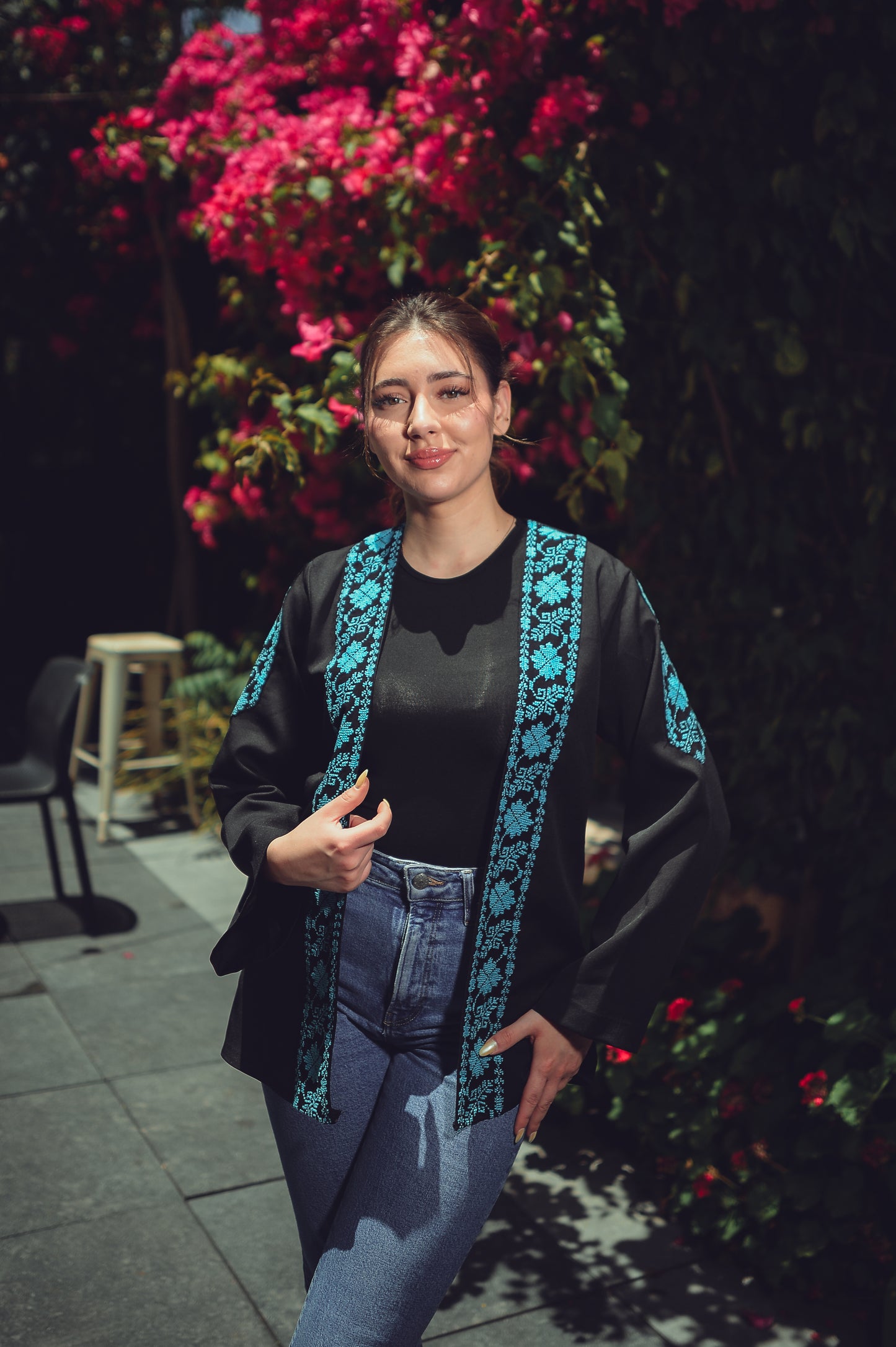 Black Blazer with Blue Front & Sleeve Embroidery