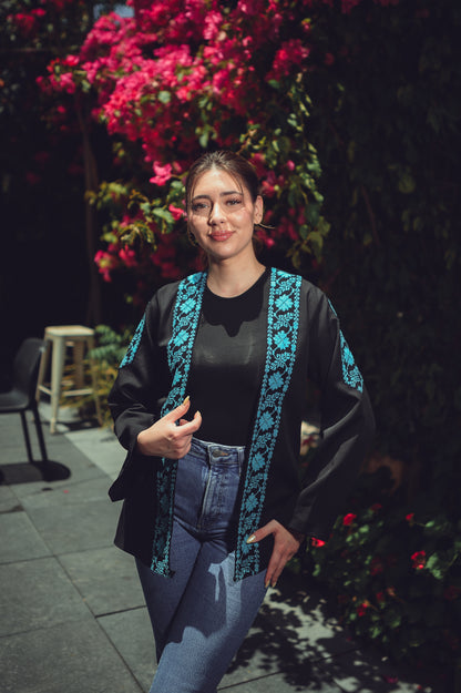 Black Blazer with Blue Front & Sleeve Embroidery