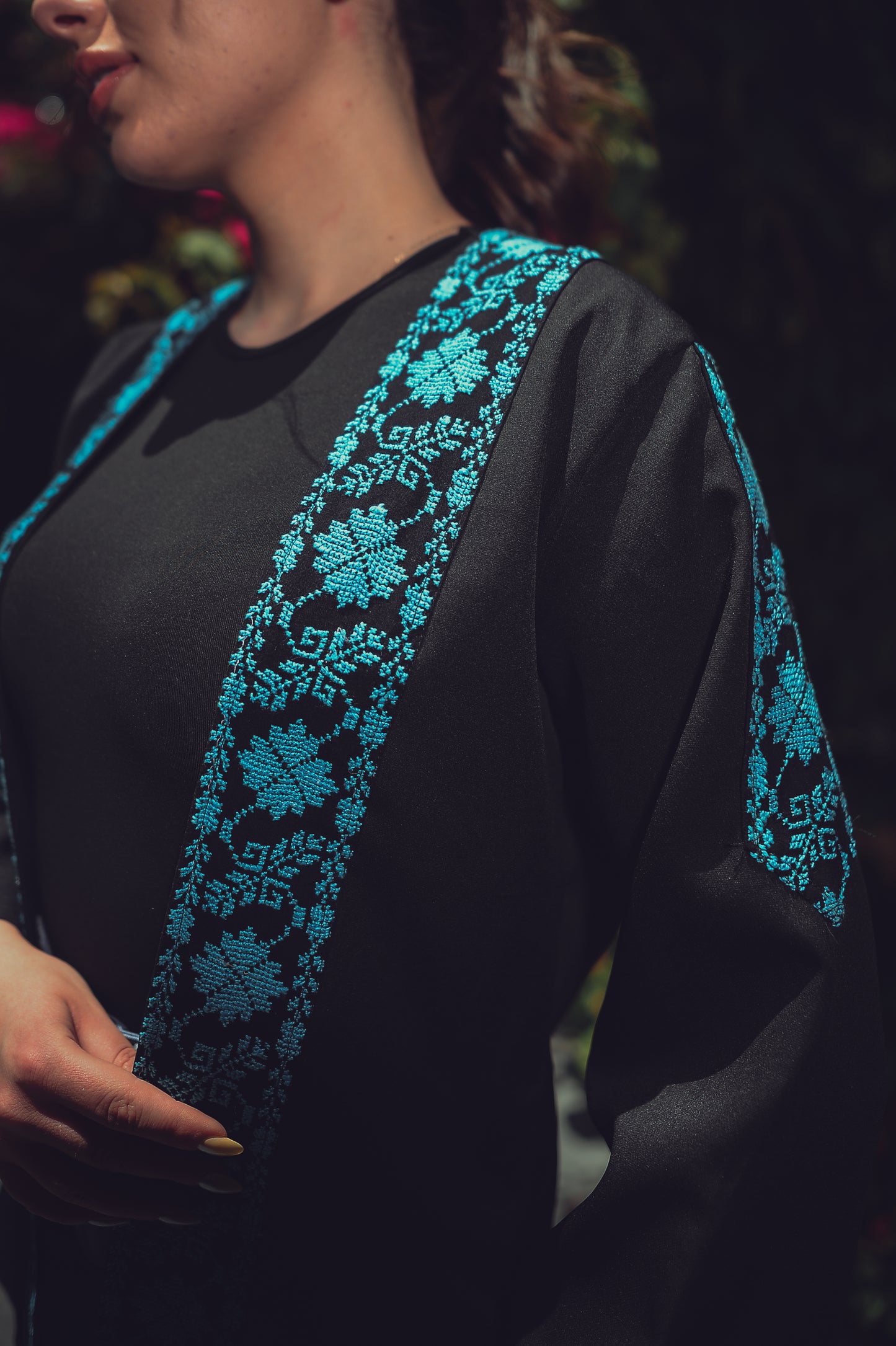 Black Blazer with Blue Front & Sleeve Embroidery