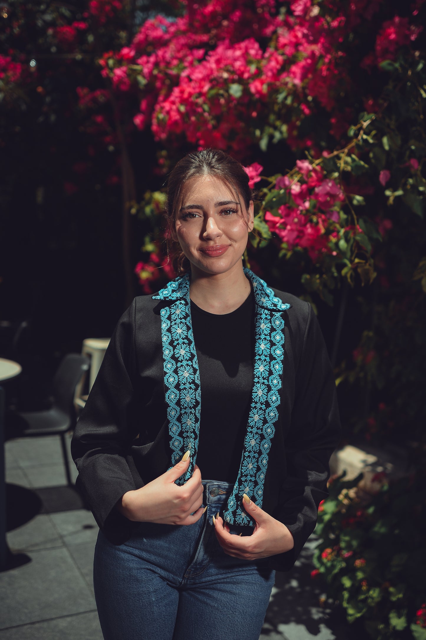 Cropped Blazer with Embroidered Collar