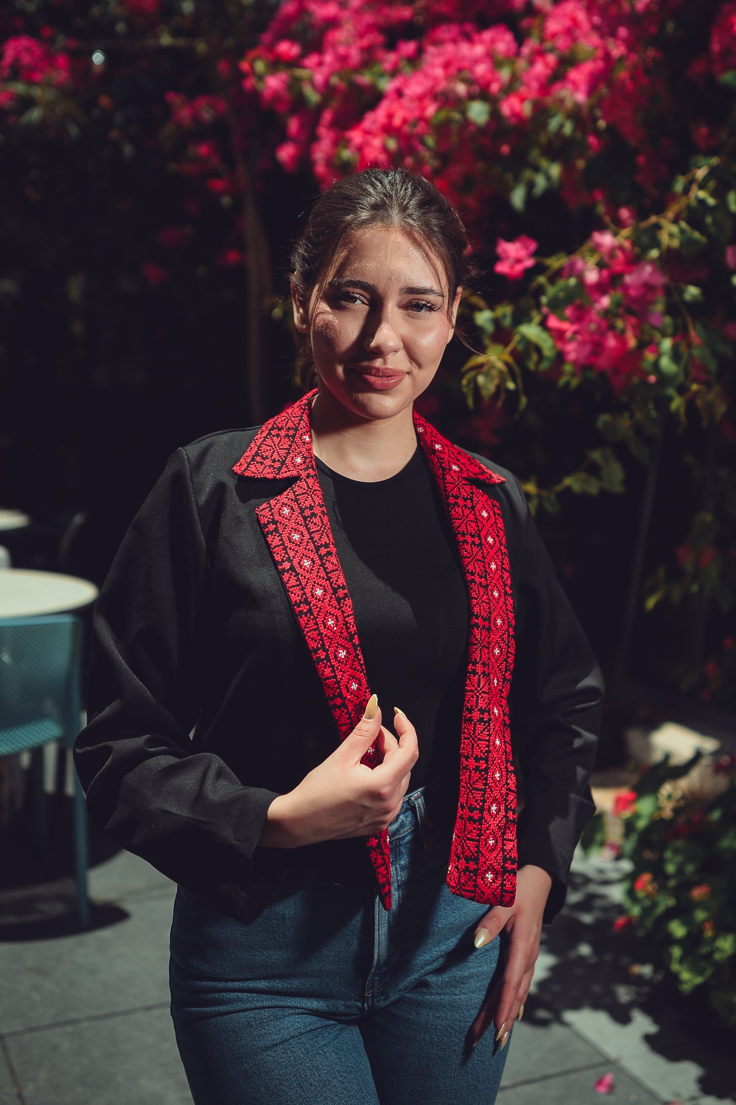 Cropped Blazer with Embroidered Collar