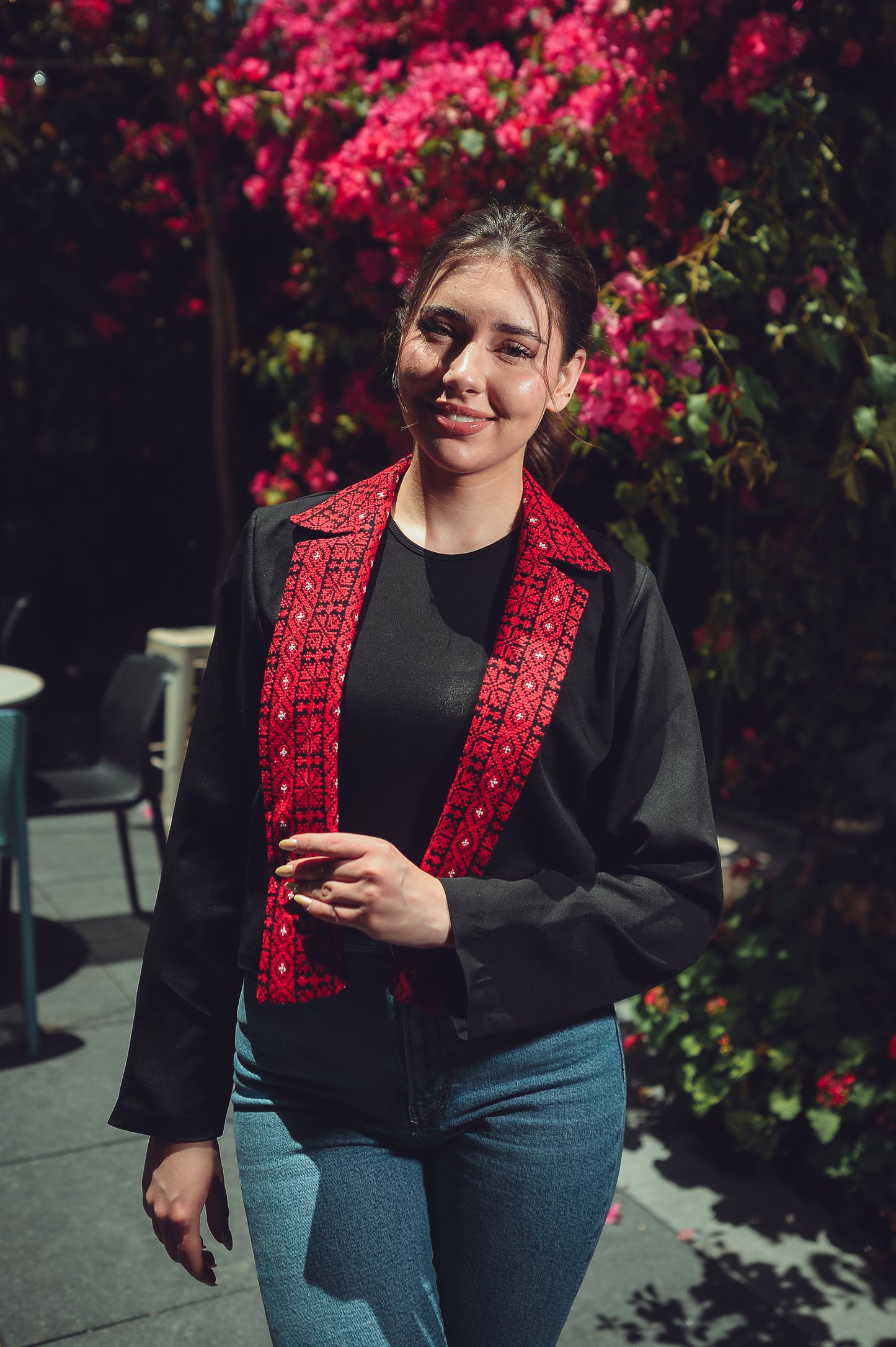 Cropped Blazer with Embroidered Collar