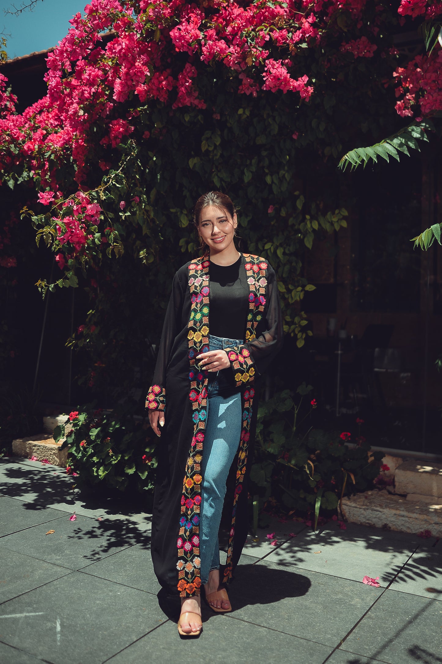 Black Sheer Chiffon Abaya – Hand-Embroidered Floral Motif