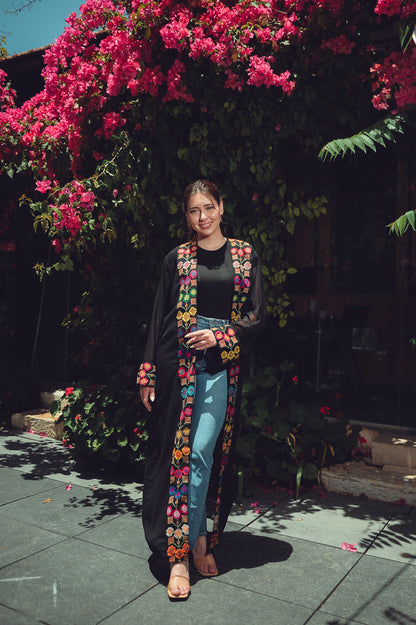 Black Sheer Chiffon Abaya – Hand-Embroidered Floral Motif
