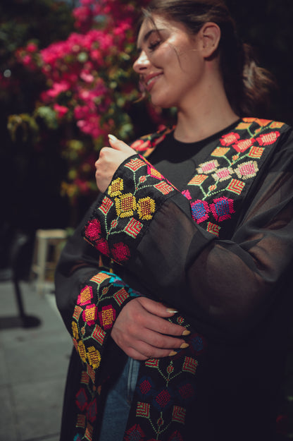 Black Sheer Chiffon Abaya – Hand-Embroidered Floral Motif