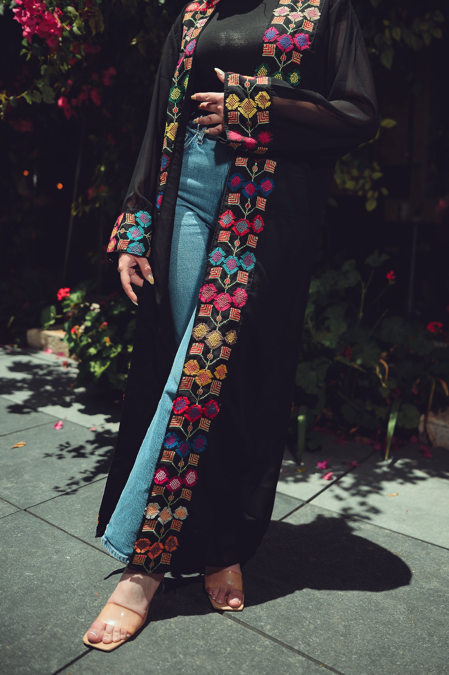 Black Sheer Chiffon Abaya – Hand-Embroidered Floral Motif