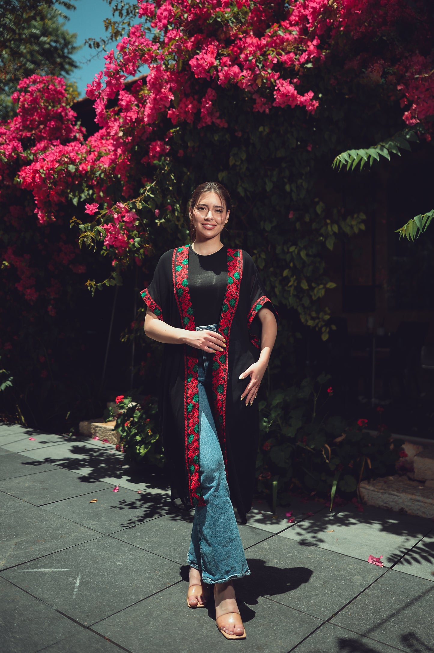 Black Sheer Chiffon Abaya – Red & Green Embroidery