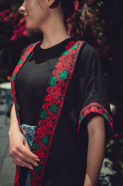 Black Sheer Chiffon Abaya – Red & Green Embroidery