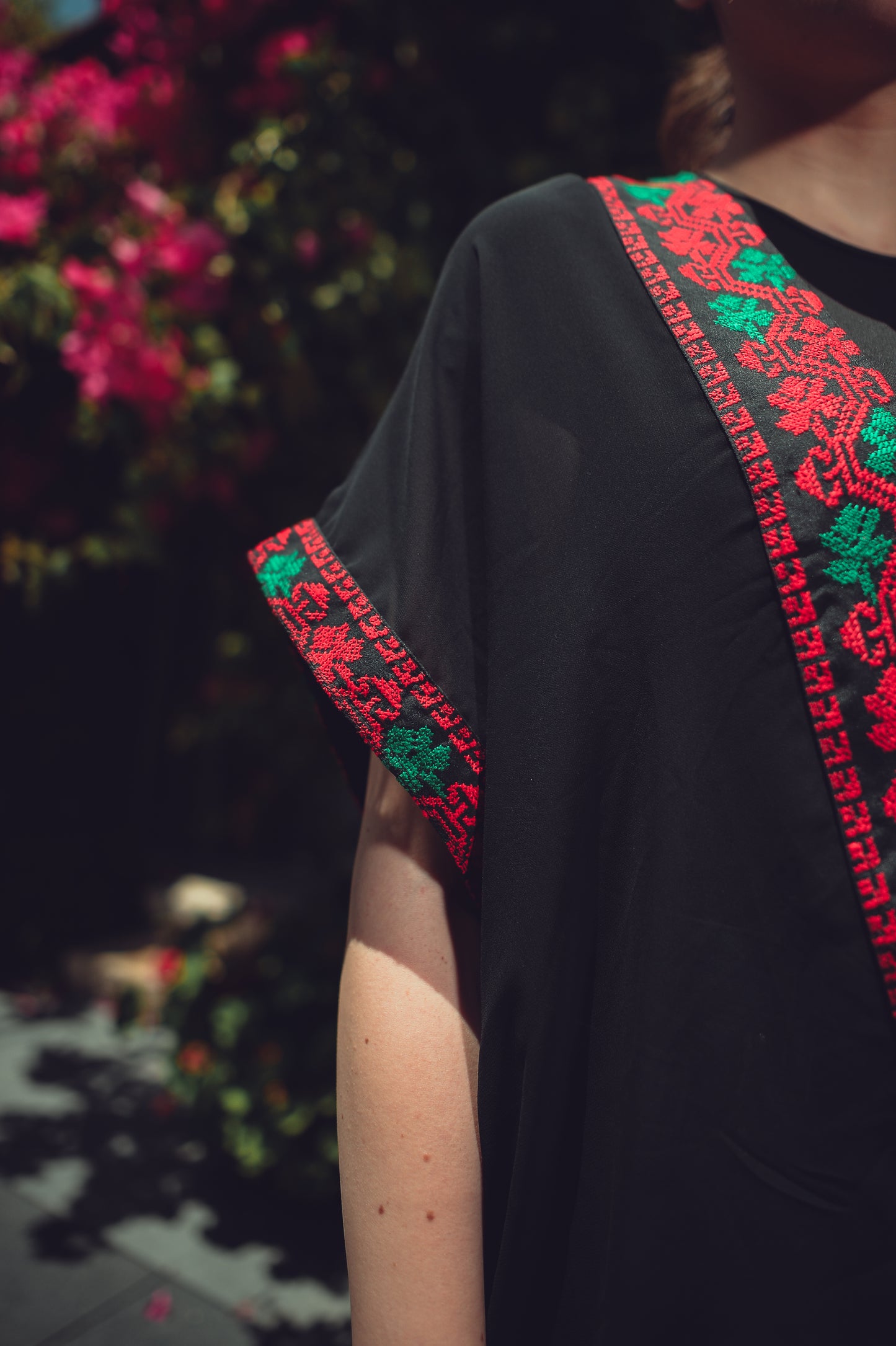 Black Sheer Chiffon Abaya – Red & Green Embroidery