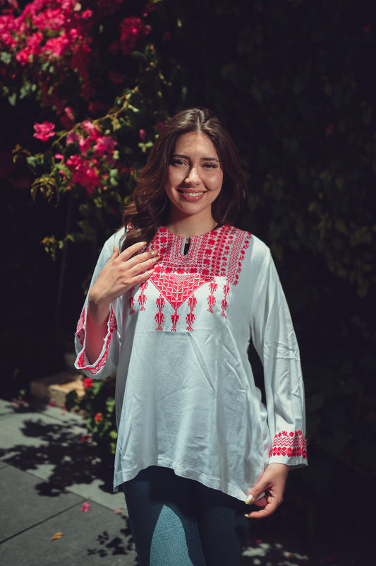 Cotton Blouse with Red Traditional Triangle Embroidery & Tassels